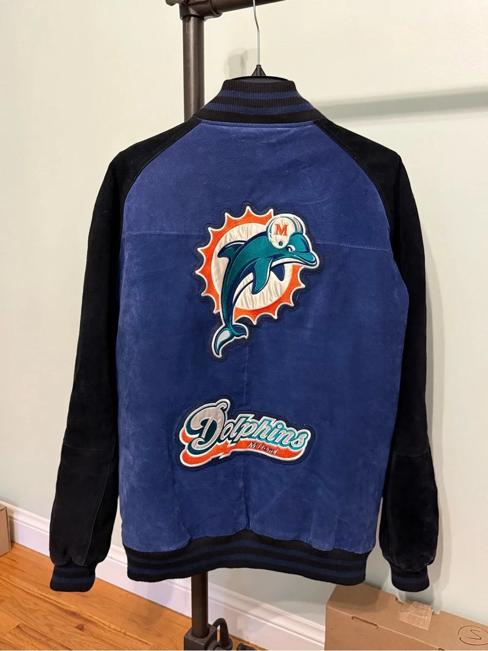 Miami Dolphins Navy & Black Suede Leather Varsity Jacket